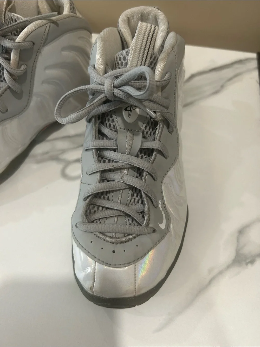 Nike Little Posite One Foamposite Kids 1Y Iridescent White Grey Sneakers